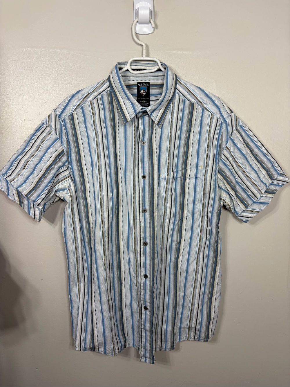 Kuhl Men's Short Sleeve Button Up Shirt Blue White Striped Hiking Outdoor Large